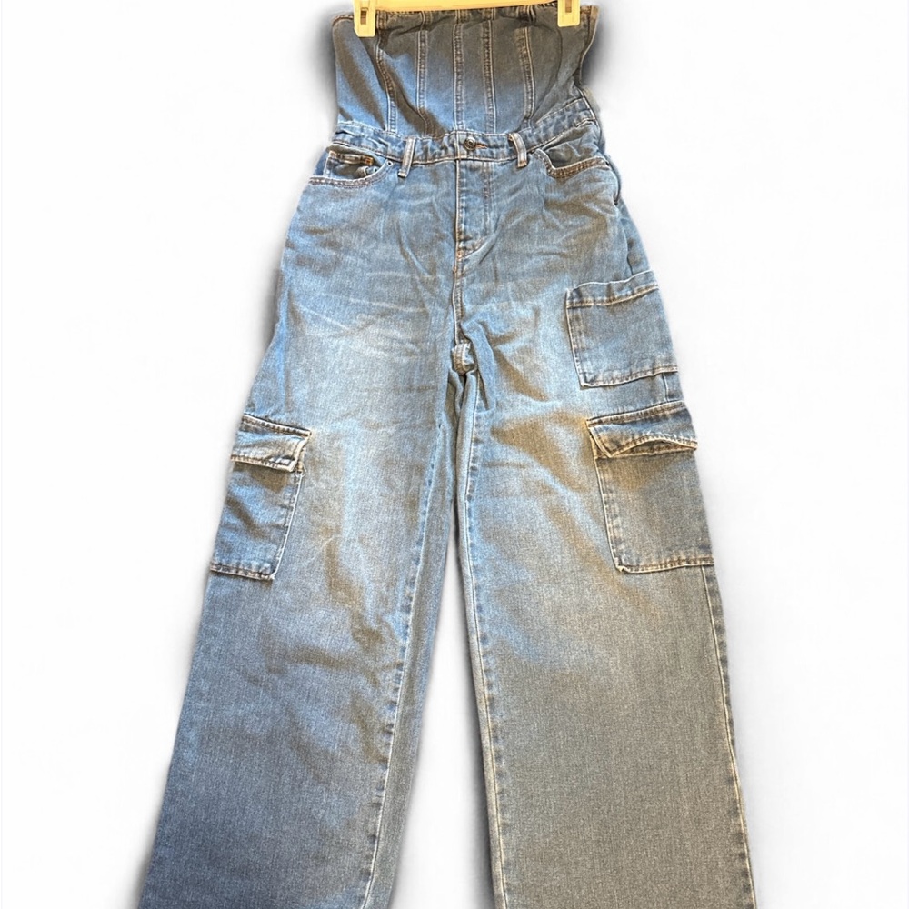 Blue Denim Cargo Strapless Overalls